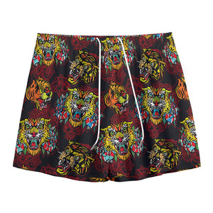 Red Tiger Tattoo Pattern Print Mesh Shorts