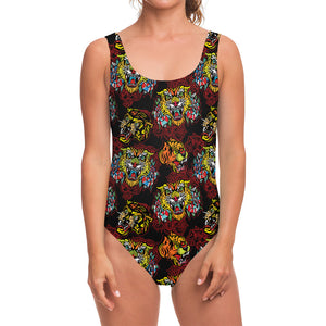 Red Tiger Tattoo Pattern Print One Piece Swimsuit