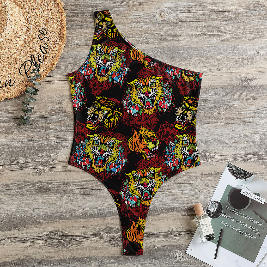 Red Tiger Tattoo Pattern Print One Shoulder Bodysuit