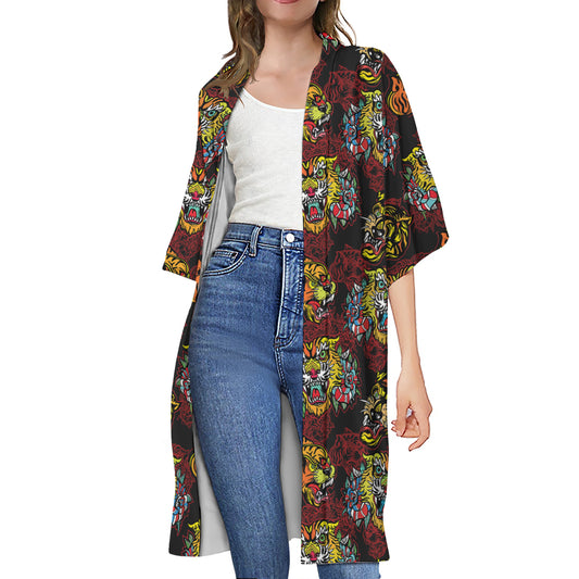 Red Tiger Tattoo Pattern Print Open Front Beach Cover Up