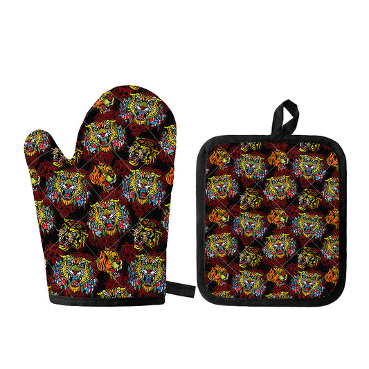 Red Tiger Tattoo Pattern Print Oven Mitt And Pot Holder Set