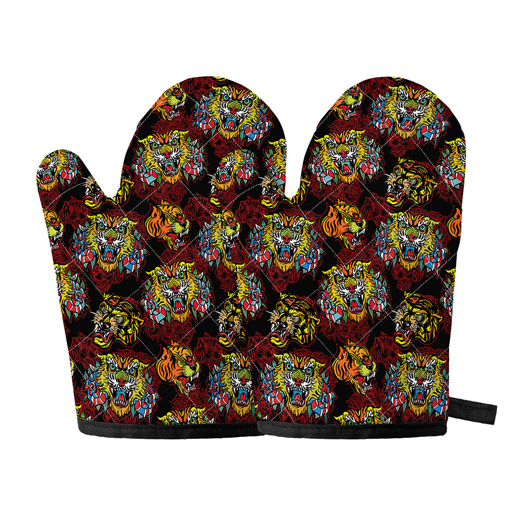 Red Tiger Tattoo Pattern Print Oven Mitts