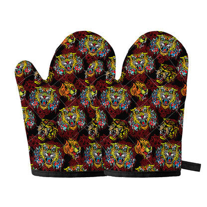 Red Tiger Tattoo Pattern Print Oven Mitts