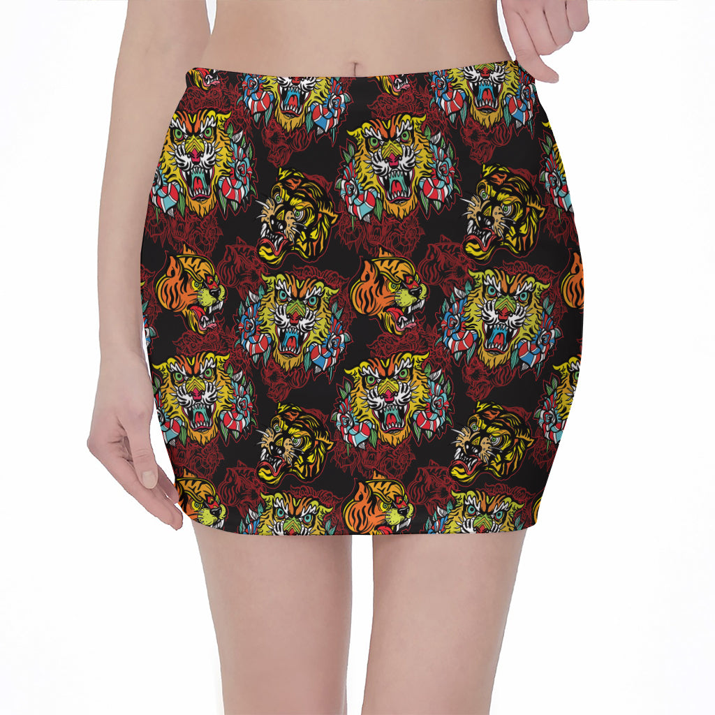 Red Tiger Tattoo Pattern Print Pencil Mini Skirt