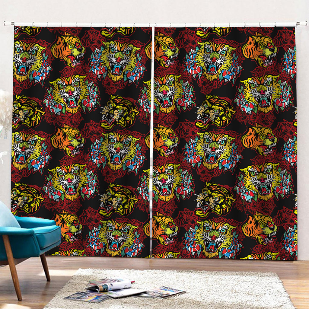 Red Tiger Tattoo Pattern Print Pencil Pleat Curtains