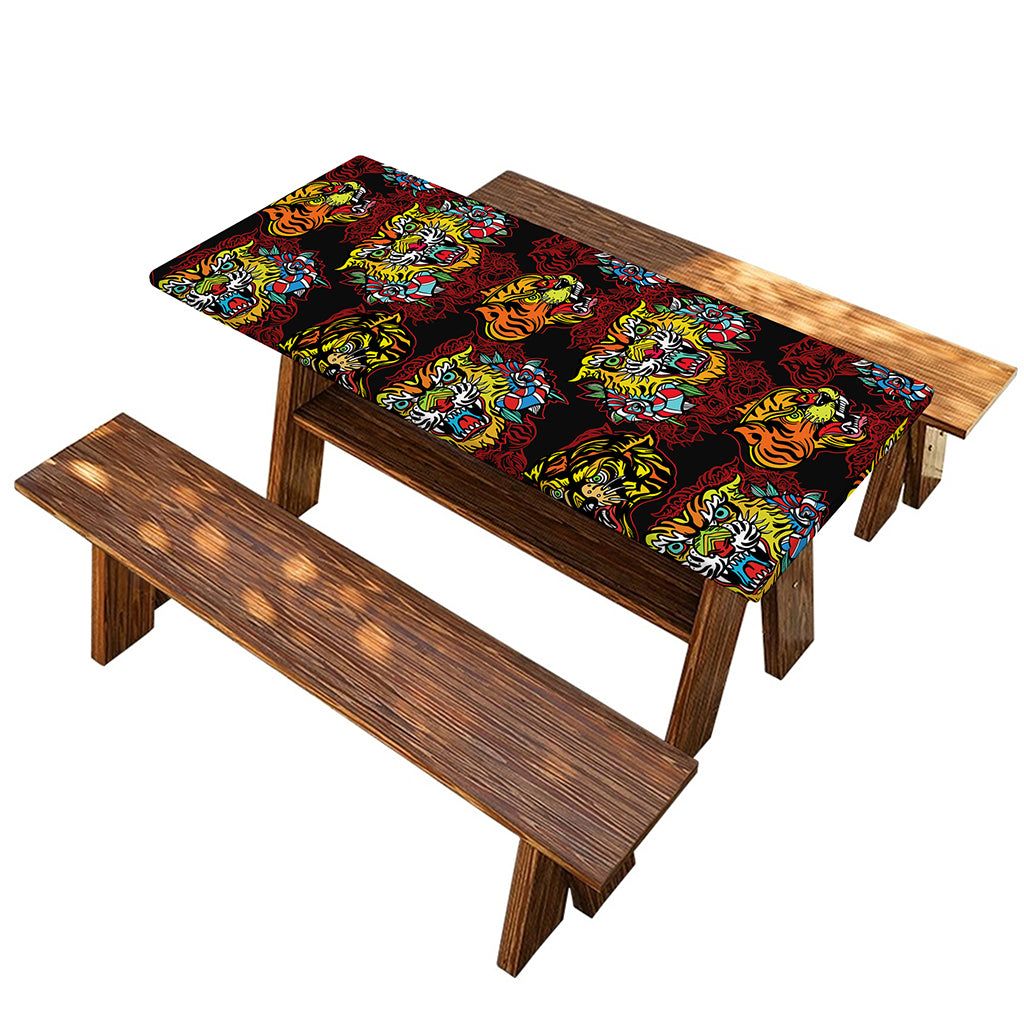 Red Tiger Tattoo Pattern Print Picnic Table Cover