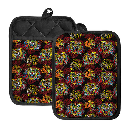 Red Tiger Tattoo Pattern Print Pot Holders With Pocket