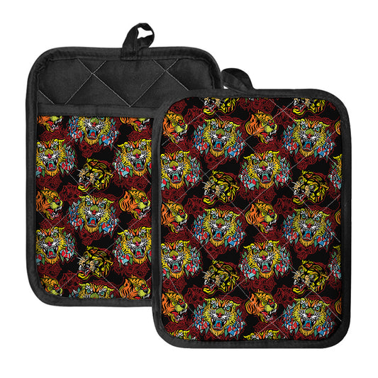 Red Tiger Tattoo Pattern Print Pot Holders With Pocket
