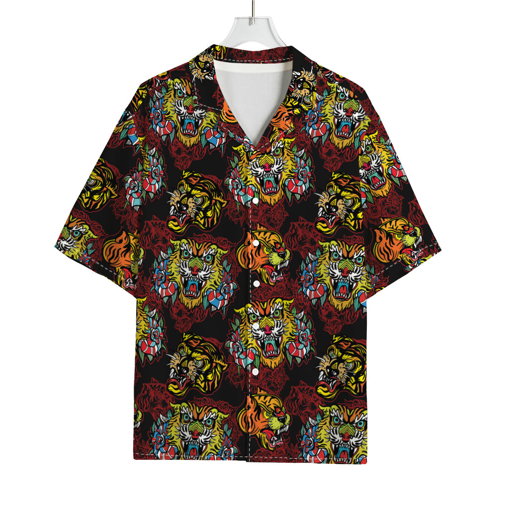 Red Tiger Tattoo Pattern Print Rayon Hawaiian Shirt