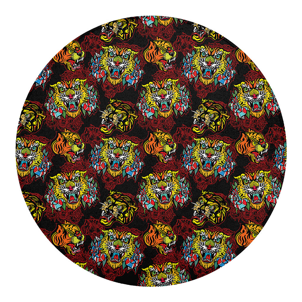Red Tiger Tattoo Pattern Print Round Blanket