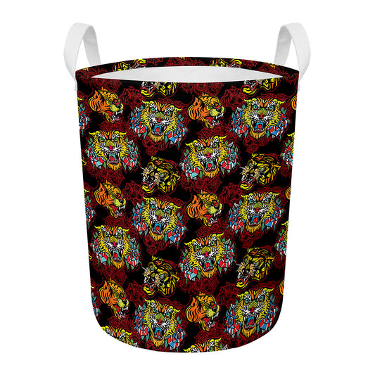 Red Tiger Tattoo Pattern Print Round Laundry Basket