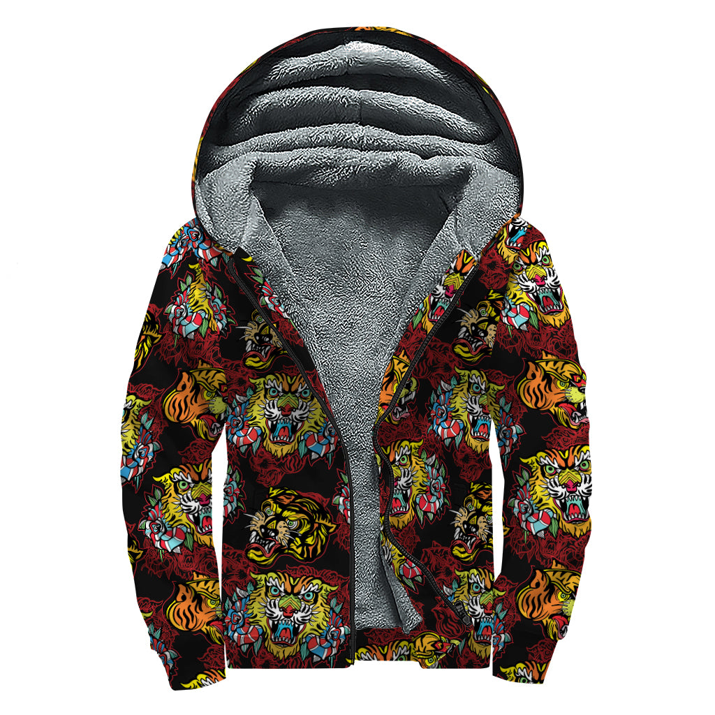 Red Tiger Tattoo Pattern Print Sherpa Lined Zip Up Hoodie