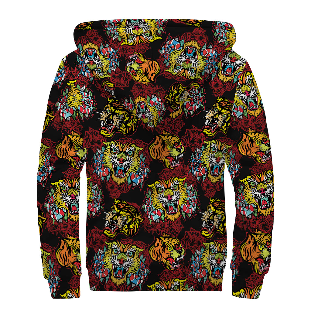 Red Tiger Tattoo Pattern Print Sherpa Lined Zip Up Hoodie