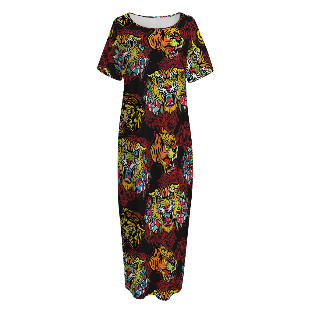 Red Tiger Tattoo Pattern Print Short Sleeve Long Nightdress