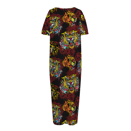 Red Tiger Tattoo Pattern Print Short Sleeve Long Nightdress