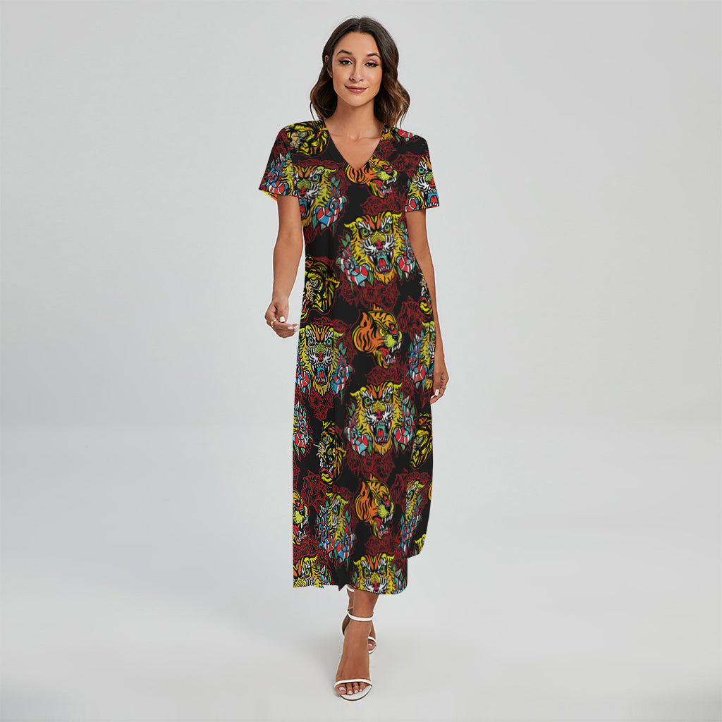 Red Tiger Tattoo Pattern Print Short Sleeve Maxi Dress