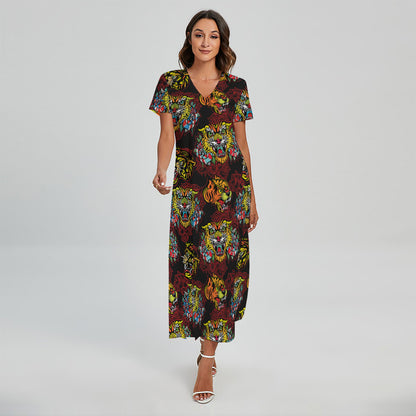 Red Tiger Tattoo Pattern Print Short Sleeve Maxi Dress