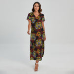 Red Tiger Tattoo Pattern Print Short Sleeve Maxi Dress