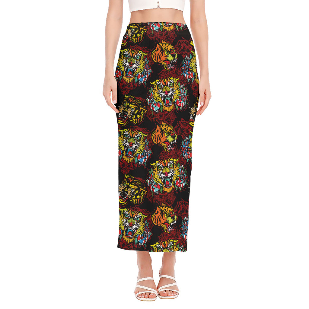 Red Tiger Tattoo Pattern Print Side Slit Maxi Skirt
