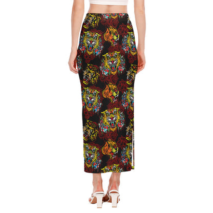 Red Tiger Tattoo Pattern Print Side Slit Maxi Skirt