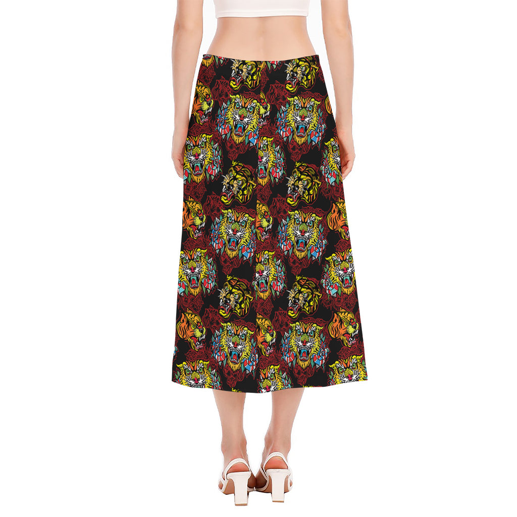 Red Tiger Tattoo Pattern Print Side Slit Midi Skirt