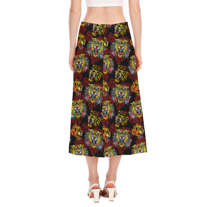 Red Tiger Tattoo Pattern Print Side Slit Midi Skirt