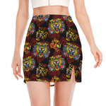 Red Tiger Tattoo Pattern Print Side Slit Mini Skirt