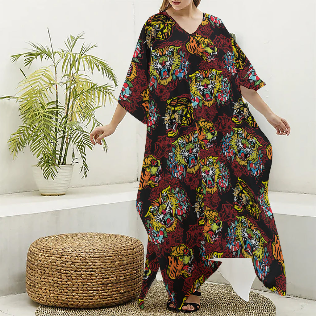 Red Tiger Tattoo Pattern Print Silk V-Neck Kaftan Dress