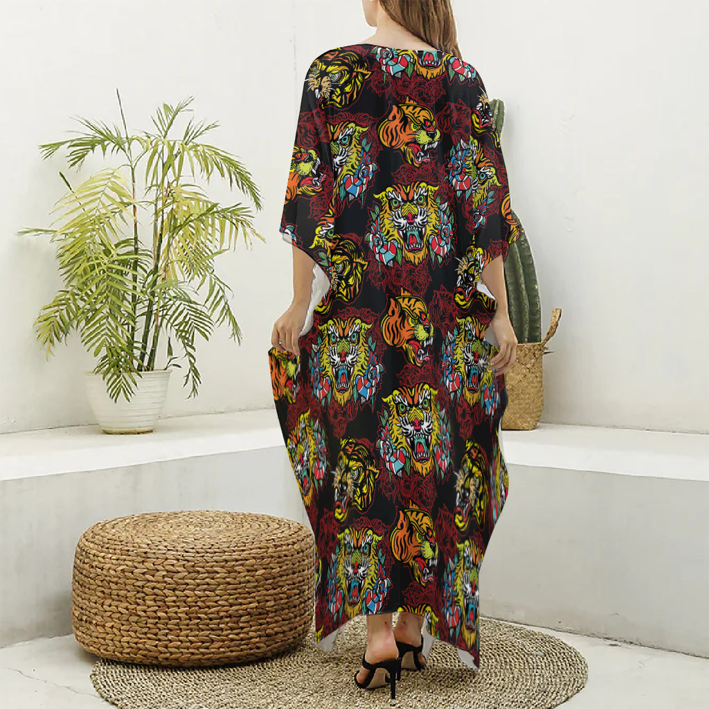 Red Tiger Tattoo Pattern Print Silk V-Neck Kaftan Dress