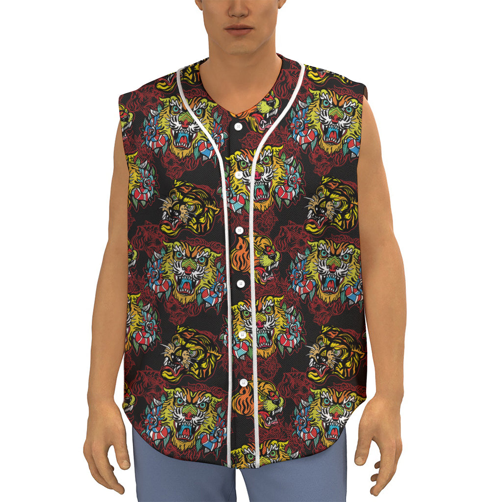 Red Tiger Tattoo Pattern Print Sleeveless Baseball Jersey