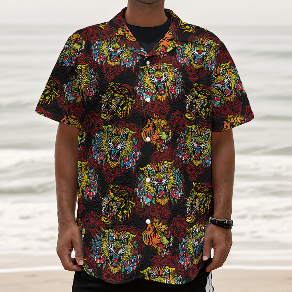 Red Tiger Tattoo Pattern Print Textured Short Sleeve Shirt