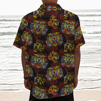 Red Tiger Tattoo Pattern Print Textured Short Sleeve Shirt
