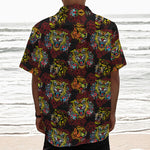 Red Tiger Tattoo Pattern Print Textured Short Sleeve Shirt