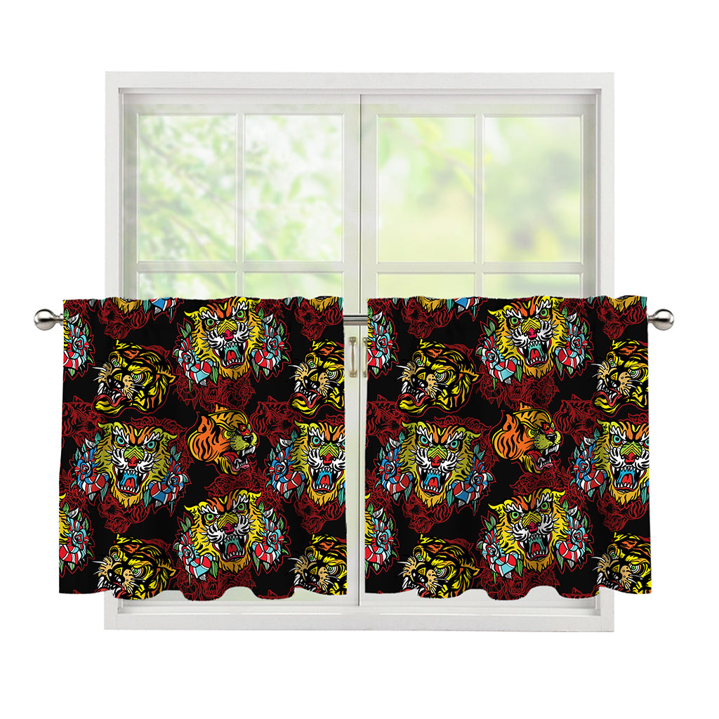 Red Tiger Tattoo Pattern Print Tier Curtains