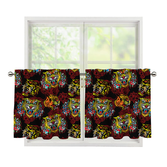 Red Tiger Tattoo Pattern Print Tier Curtains