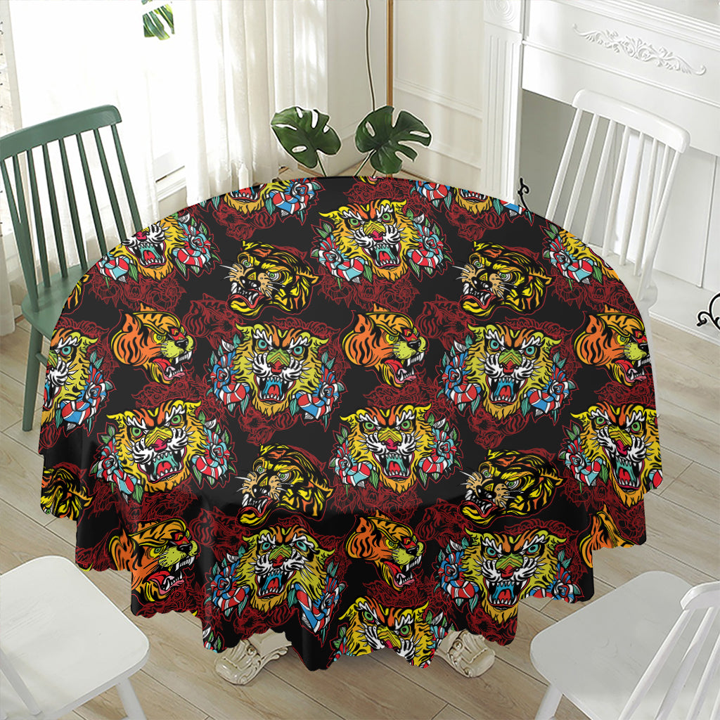 Red Tiger Tattoo Pattern Print Waterproof Round Tablecloth