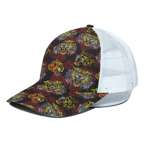 Red Tiger Tattoo Pattern Print White Mesh Trucker Cap