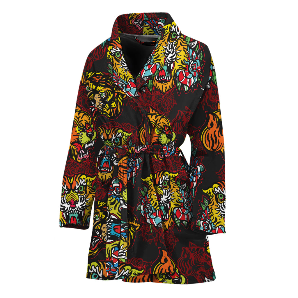 Red Tiger Tattoo Pattern Print Women's Bathrobe