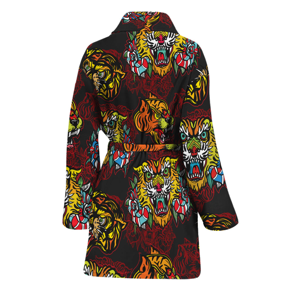 Red Tiger Tattoo Pattern Print Women's Bathrobe