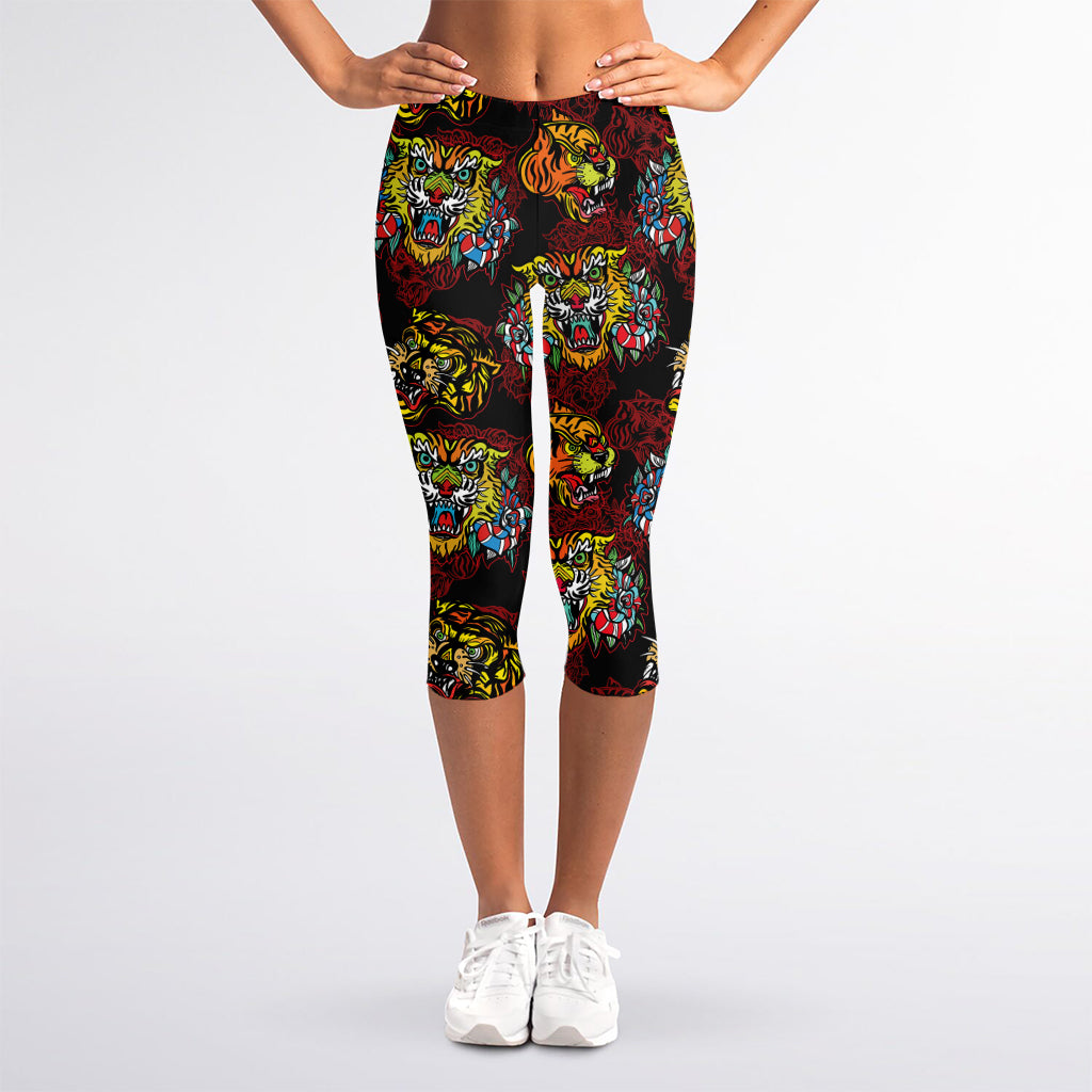 Red Tiger Tattoo Pattern Print Women's Capri Leggings