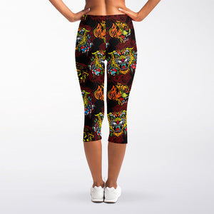 Red Tiger Tattoo Pattern Print Women's Capri Leggings