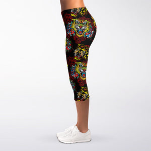 Red Tiger Tattoo Pattern Print Women's Capri Leggings