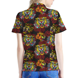 Red Tiger Tattoo Pattern Print Women's Polo Shirt