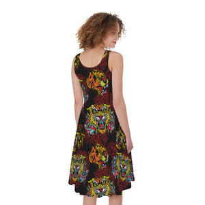 Red Tiger Tattoo Pattern Print Women's Sleeveless Dress