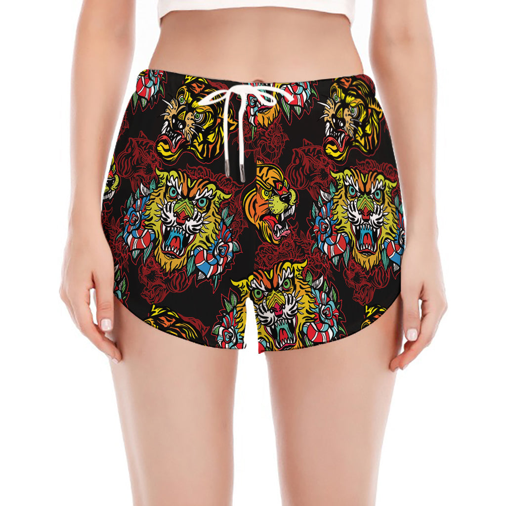 Red Tiger Tattoo Pattern Print Women's Split Running Shorts