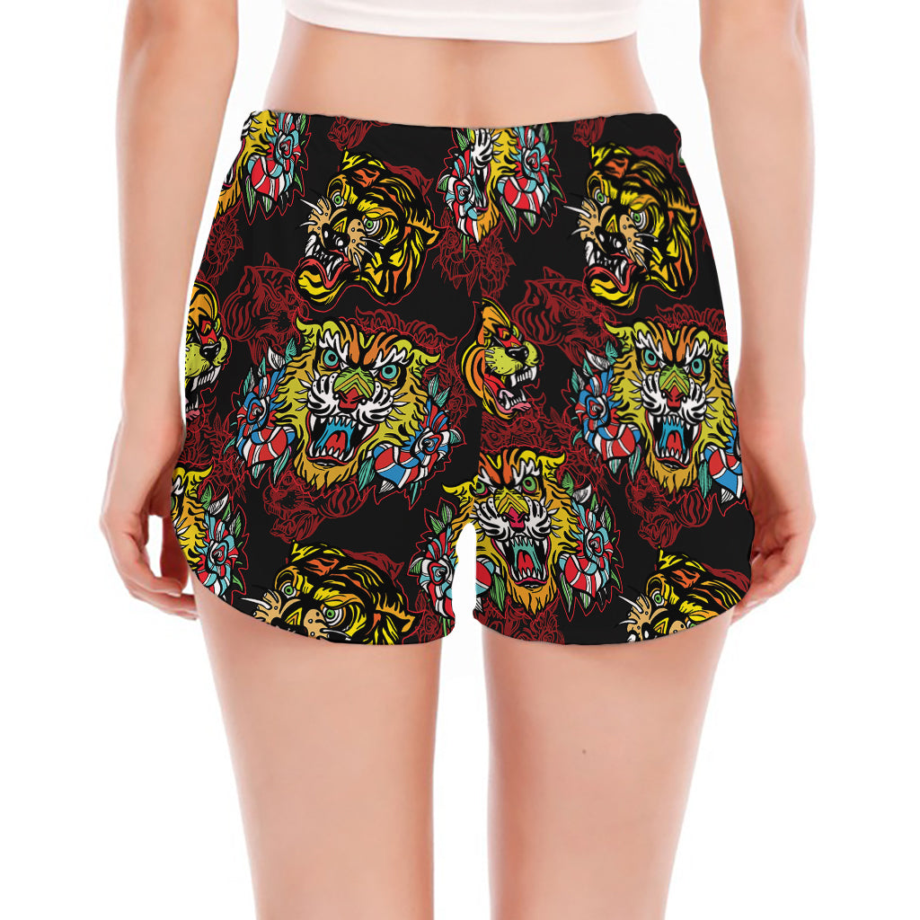 Red Tiger Tattoo Pattern Print Women's Split Running Shorts