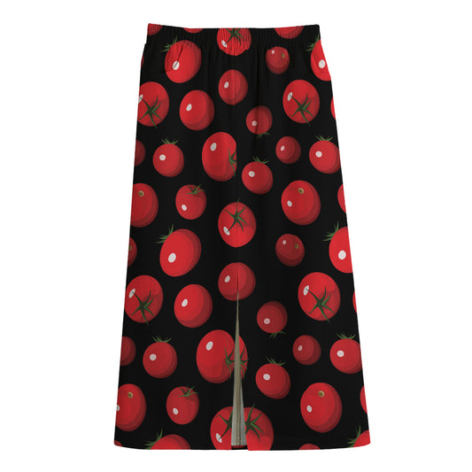 Red Tomato Pattern Print Cotton Front Slit Maxi Skirt