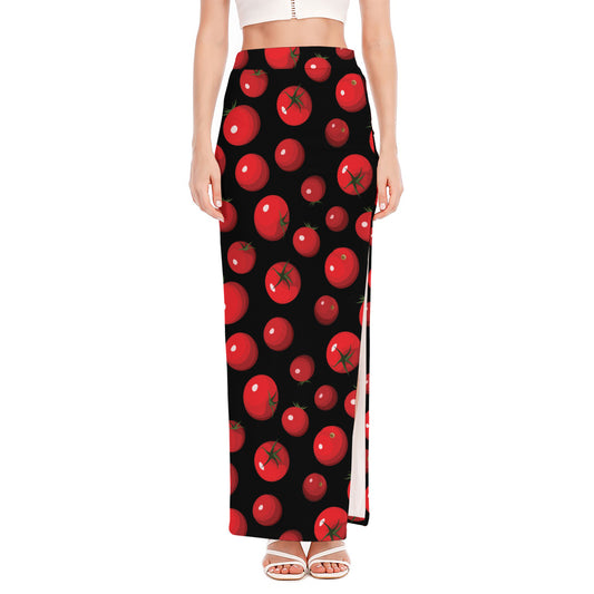 Red Tomato Pattern Print High Slit Maxi Skirt