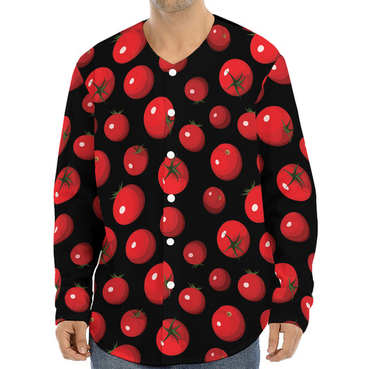 Red Tomato Pattern Print Long Sleeve Baseball Jersey