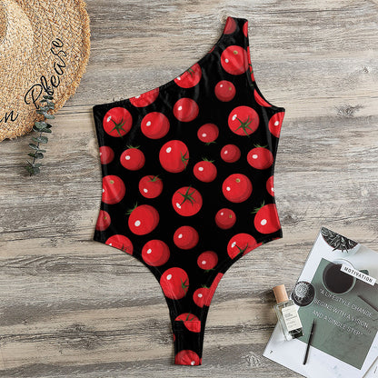 Red Tomato Pattern Print One Shoulder Bodysuit